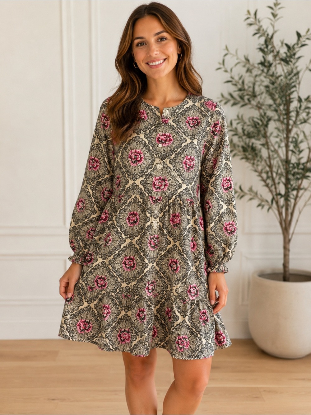 UNTUCKit Solange Cream Floral Long Sleeve Dress with Pink Roses 14